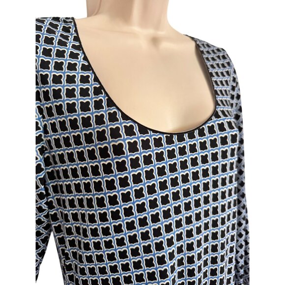 Max Studio Stretchy Mock Wrap Size Large Print Dress 3/4 Sleeve Blue Scoop Neck - Picture 6 of 8